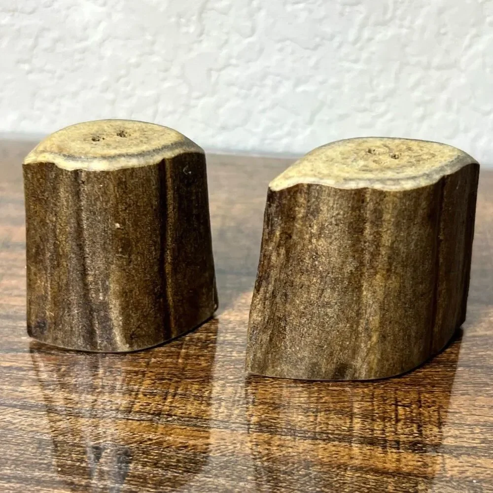 Vintage Real Antler Salt Pepper Shakers Carved Natural Horn Rustic Lodge Cabin